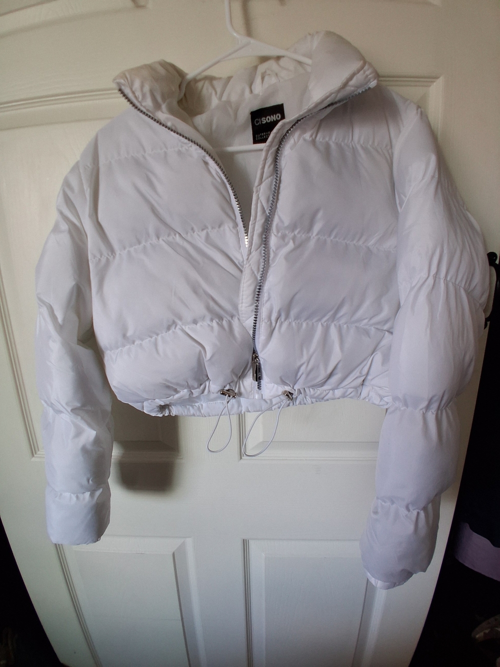 Ci Sono White Cropped Puffer Jacket with Drawcord Hem